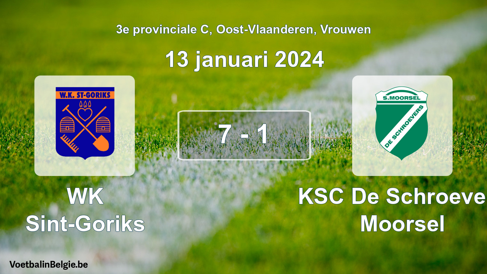 Gespeelde wedstrijd vrouwenvoetbal: WK Sint-Goriks - KSC De Schroevers Moorsel 7 - 1 (13 januari 2024)