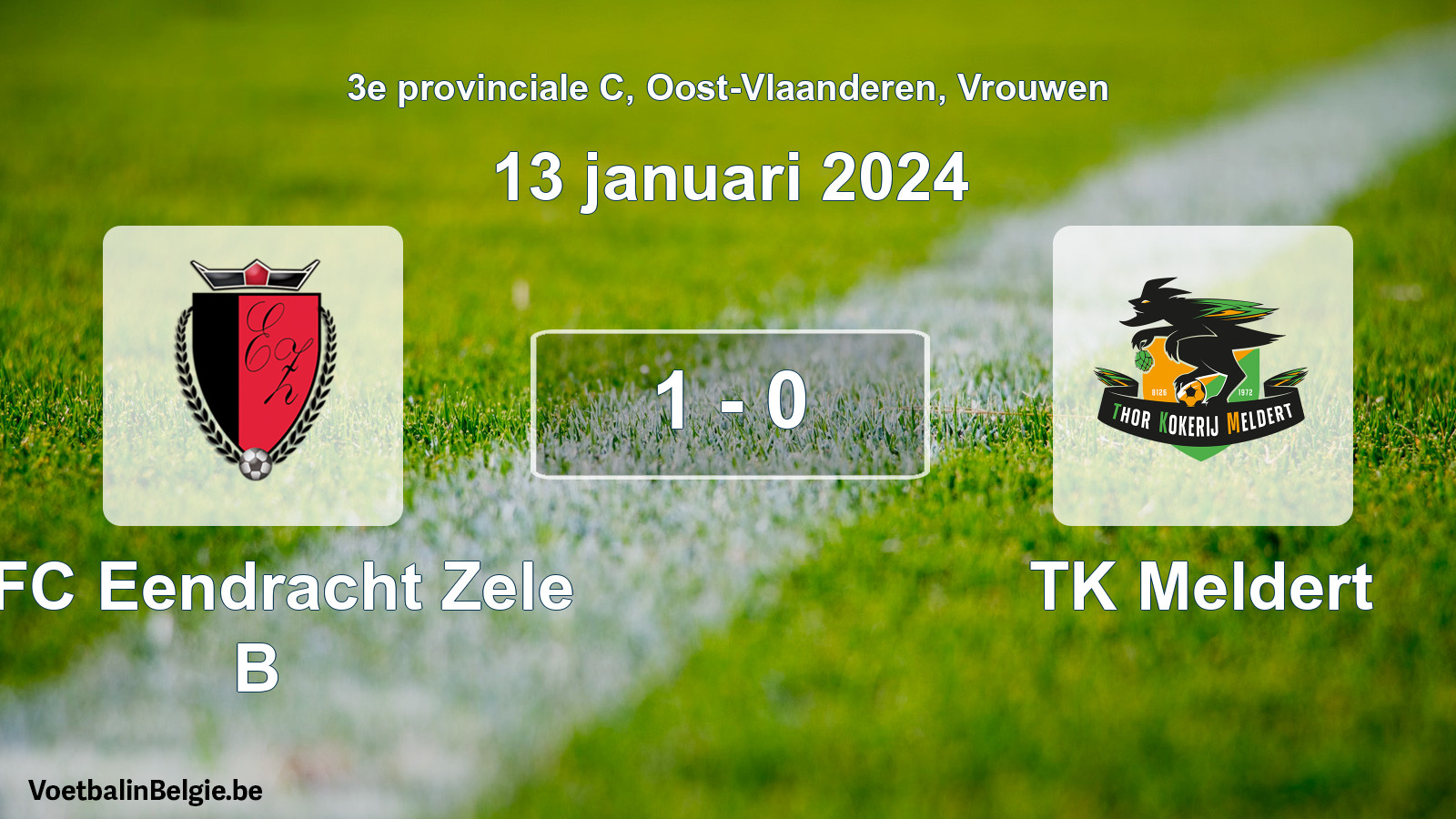 Gespeelde wedstrijd vrouwenvoetbal: KFC Eendracht Zele B - TK Meldert 1 - 0 (13 januari 2024)