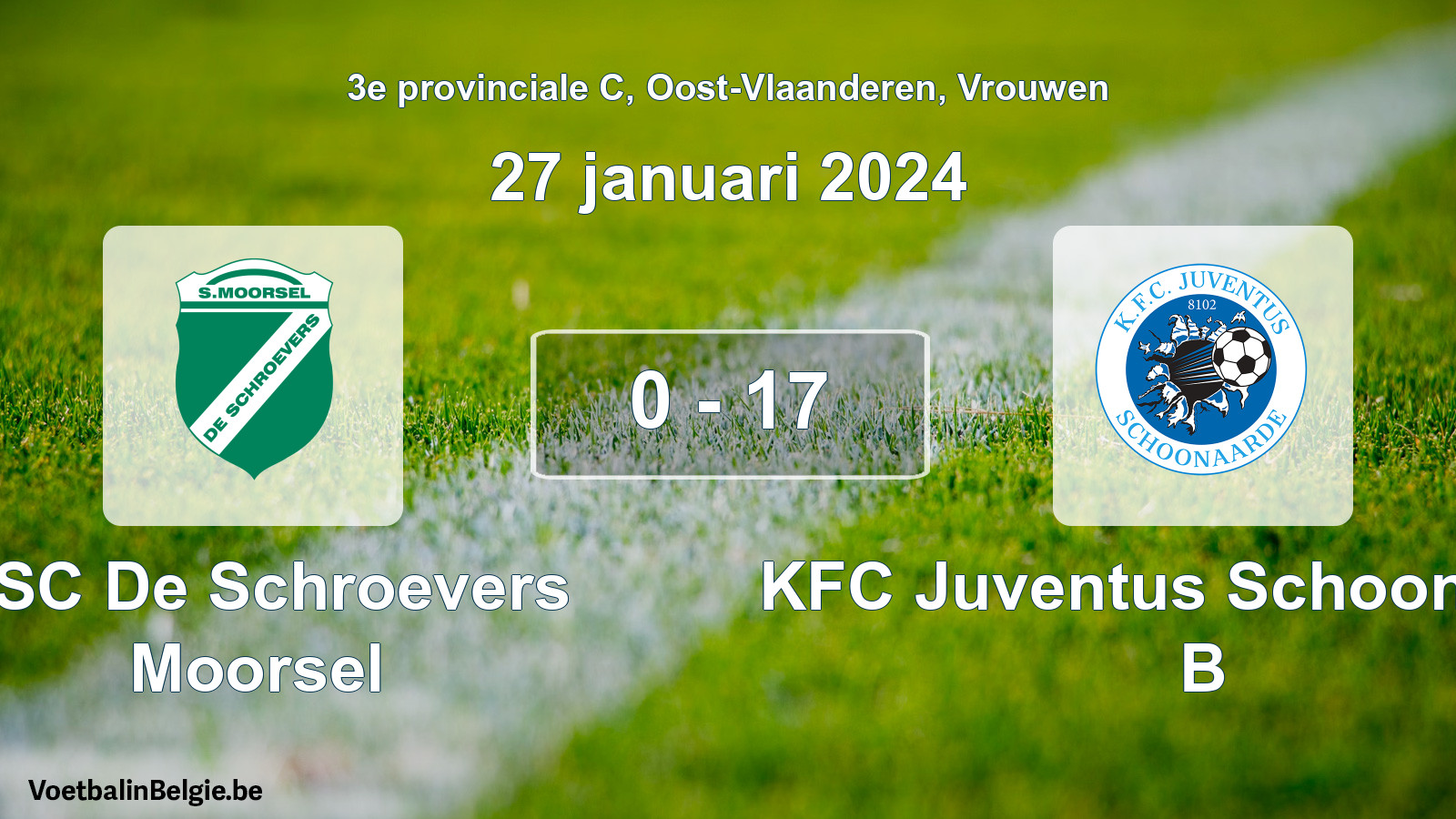 Gespeelde wedstrijd vrouwenvoetbal: KSC De Schroevers Moorsel - KFC Juventus Schoonaarde B 0 - 17 (27 januari 2024)