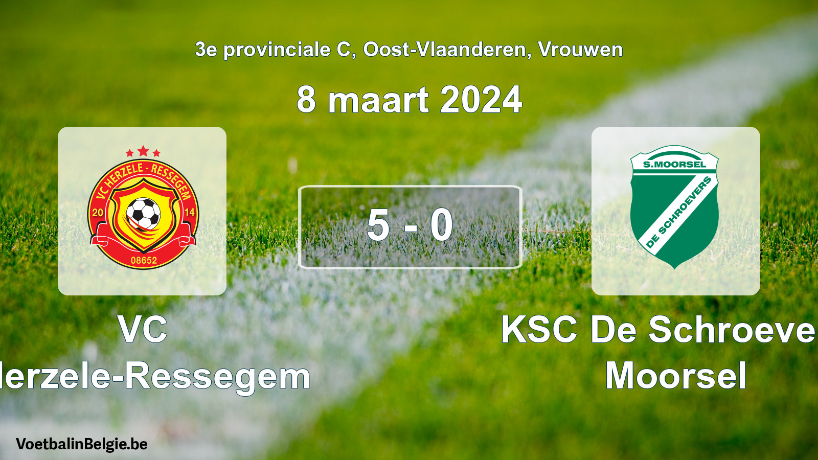 Gespeelde wedstrijd vrouwenvoetbal: VC Herzele-Ressegem - KSC De Schroevers Moorsel 5 - 0 (8 maart 2024)