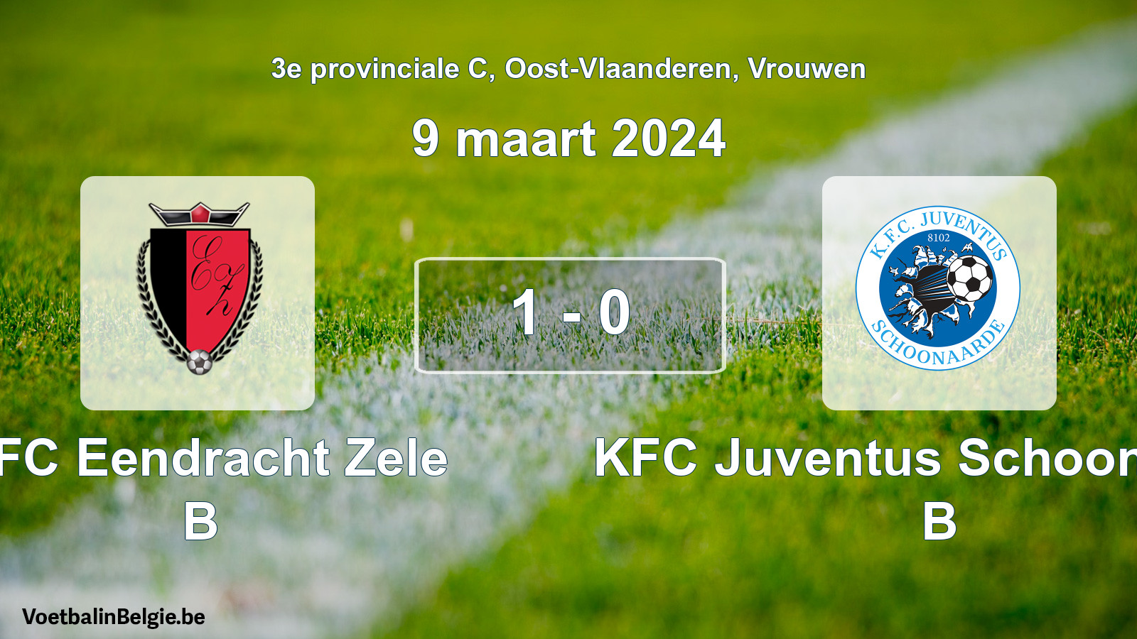 Gespeelde wedstrijd vrouwenvoetbal: KFC Eendracht Zele B - KFC Juventus Schoonaarde B 1 - 0 (9 maart 2024)