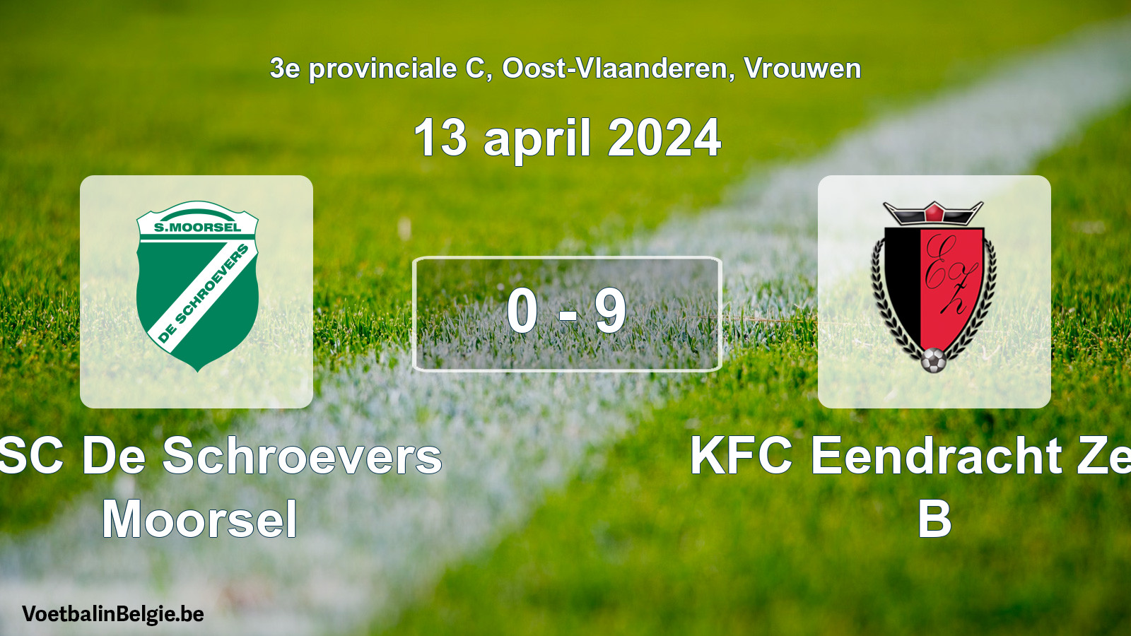 Gespeelde wedstrijd vrouwenvoetbal: KSC De Schroevers Moorsel - KFC Eendracht Zele B 0 - 9 (13 april 2024)