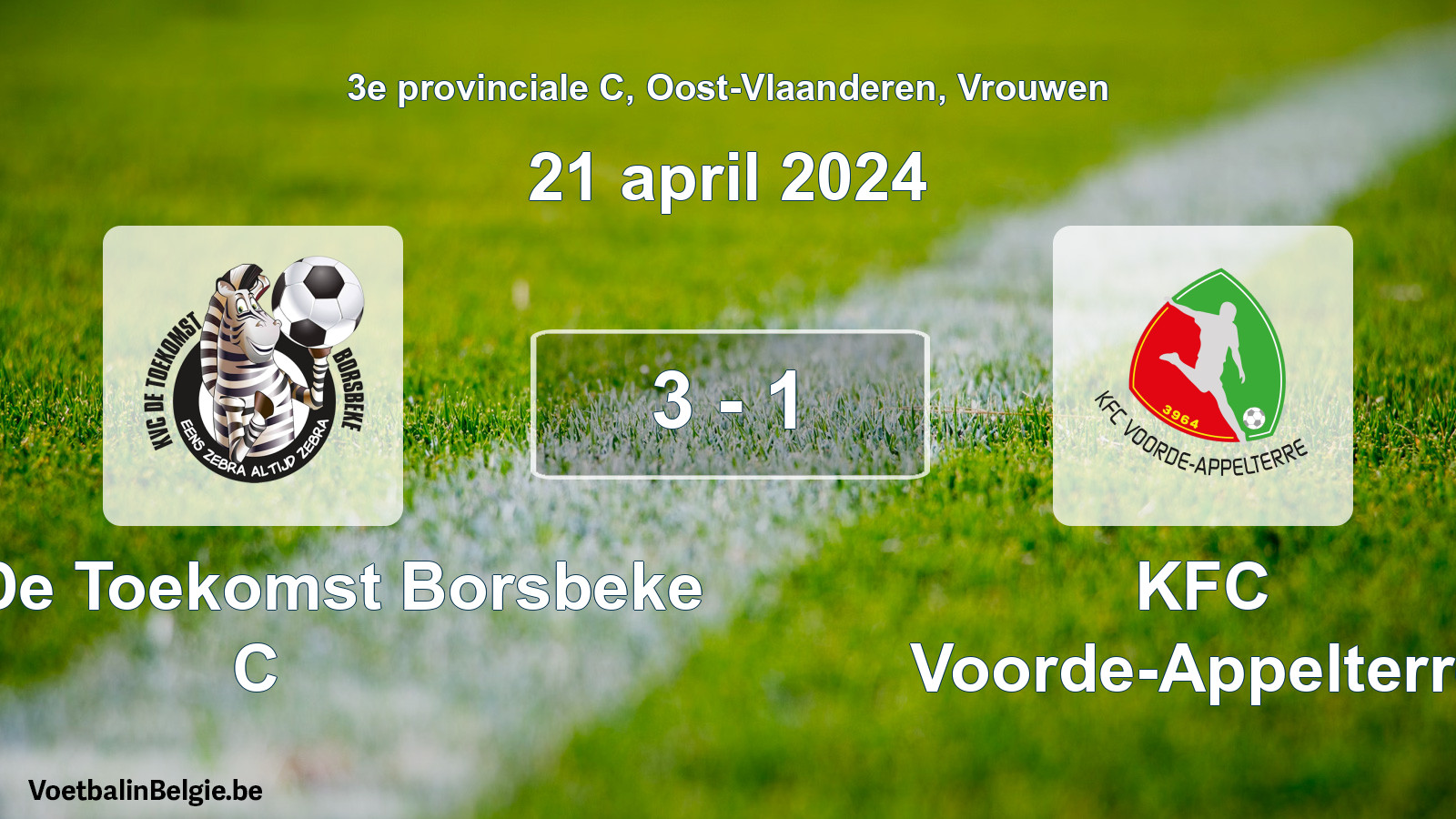 Gespeelde wedstrijd vrouwenvoetbal: KVC De Toekomst Borsbeke C - KFC Voorde-Appelterre 3 - 1 (21 april 2024)