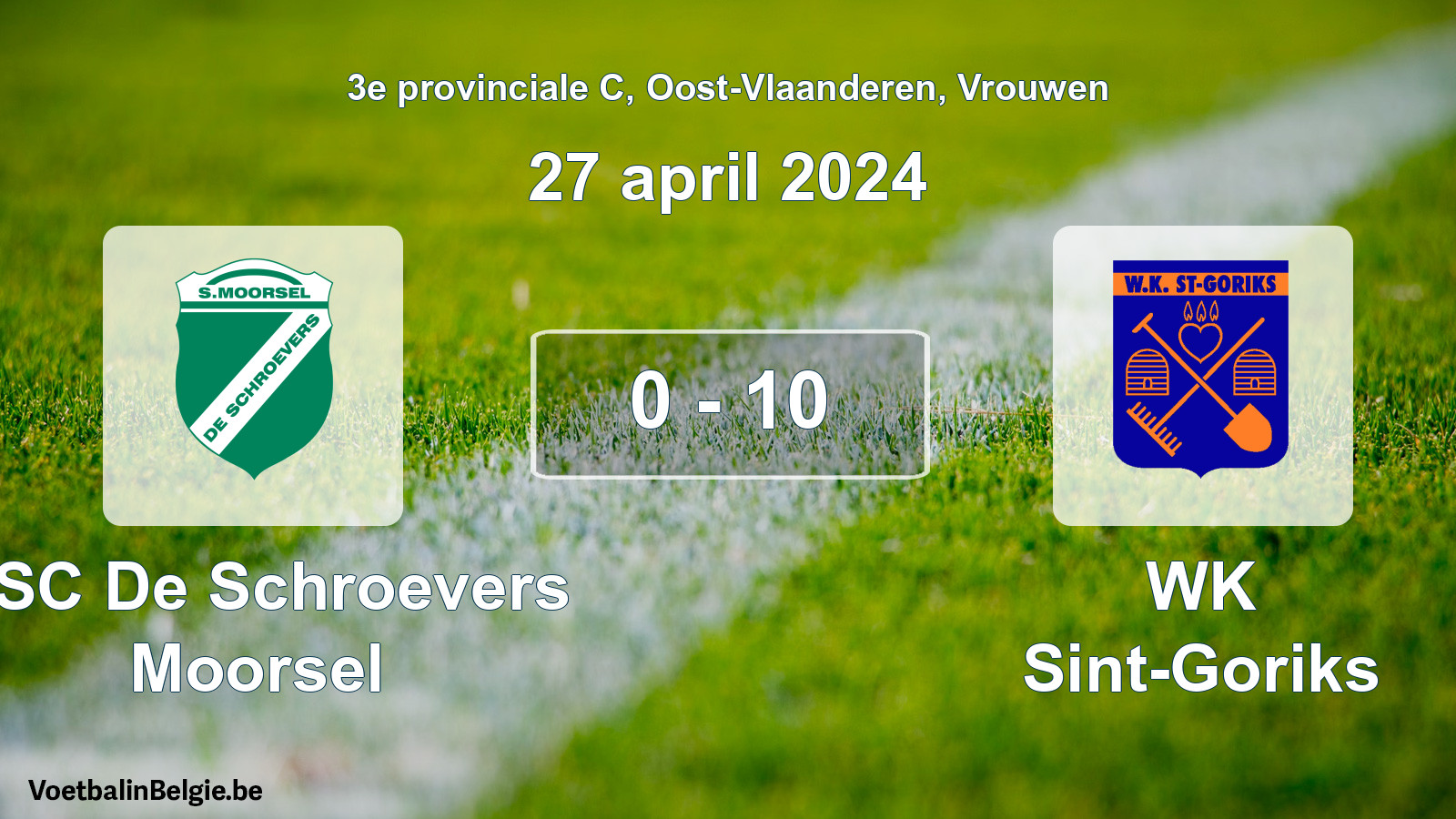 Match joué football femmes: KSC De Schroevers Moorsel - WK Sint-Goriks 0 - 10 (27 avril 2024)