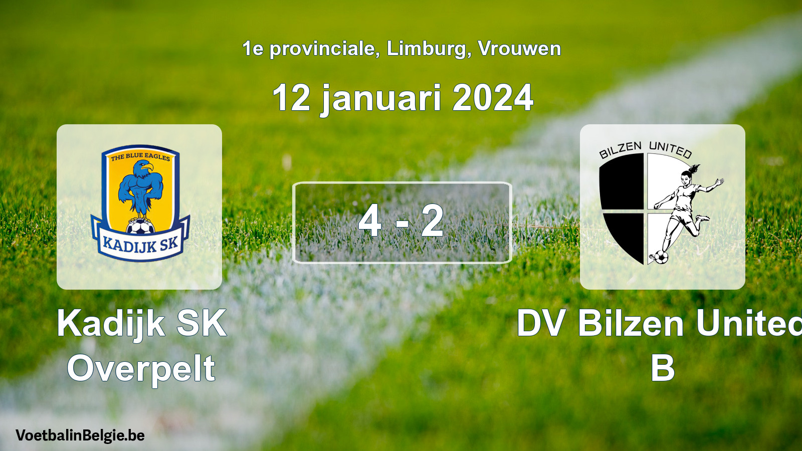 Gespeelde wedstrijd vrouwenvoetbal: Kadijk SK Overpelt - DV Bilzen United B 4 - 2 (12 januari 2024)
