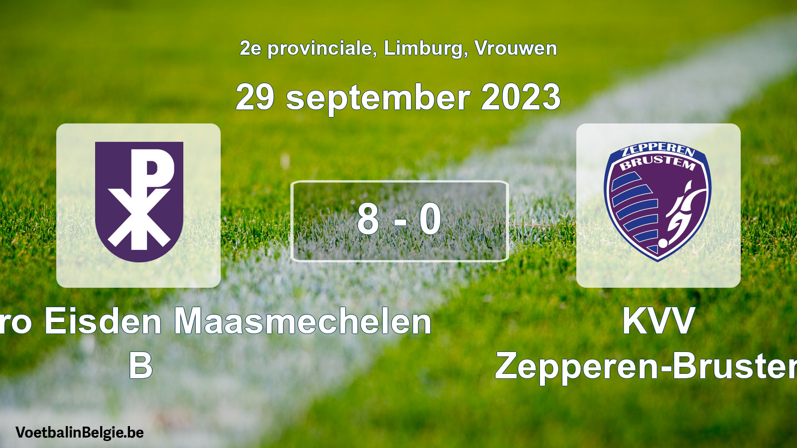 Gespeelde wedstrijd vrouwenvoetbal: Kon. Patro Eisden Maasmechelen B - KVV Zepperen-Brustem 8 - 0 (29 september 2023)