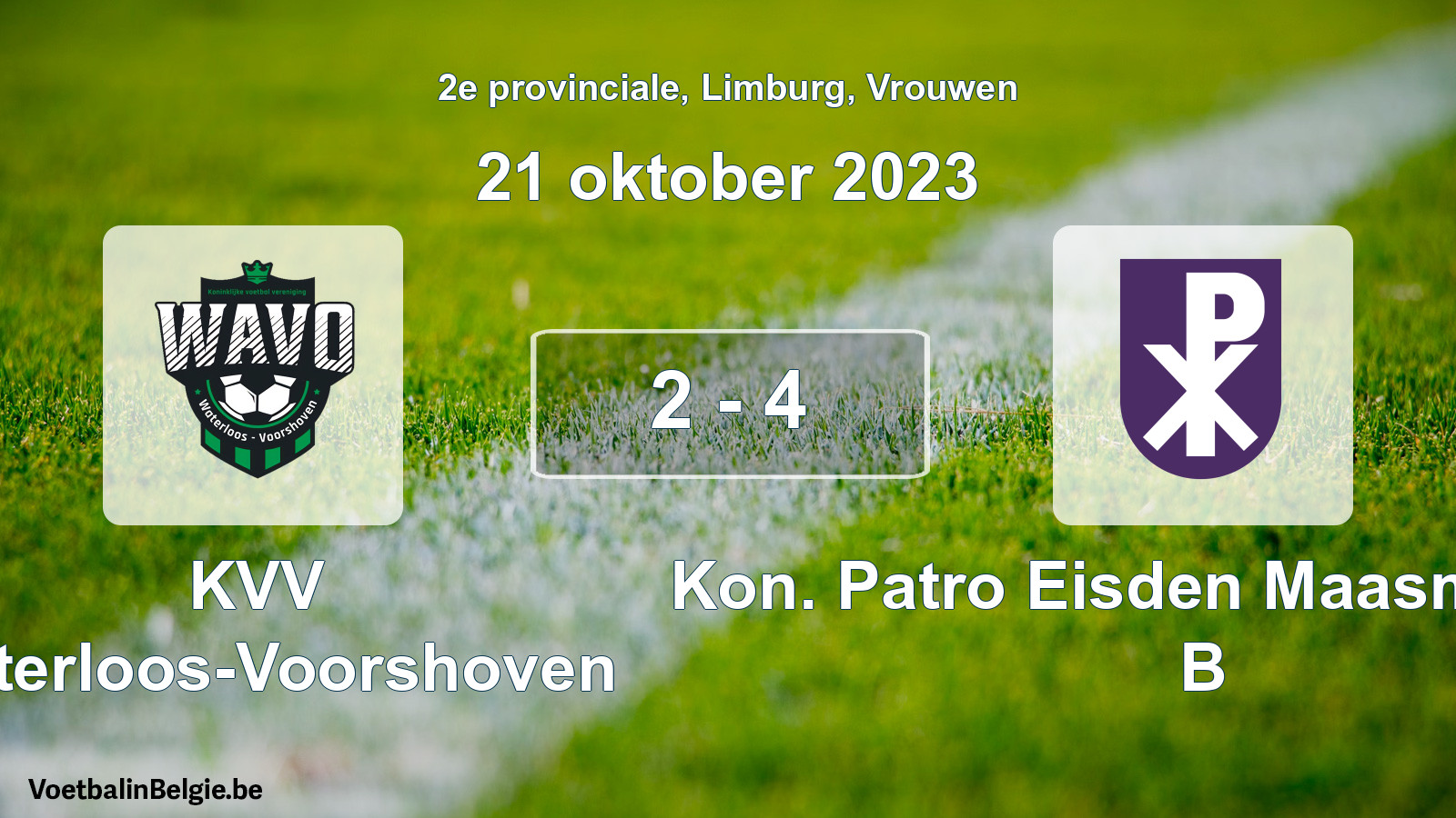 Gespeelde wedstrijd vrouwenvoetbal: KVV Waterloos-Voorshoven - Kon. Patro Eisden Maasmechelen B 2 - 4 (21 oktober 2023)