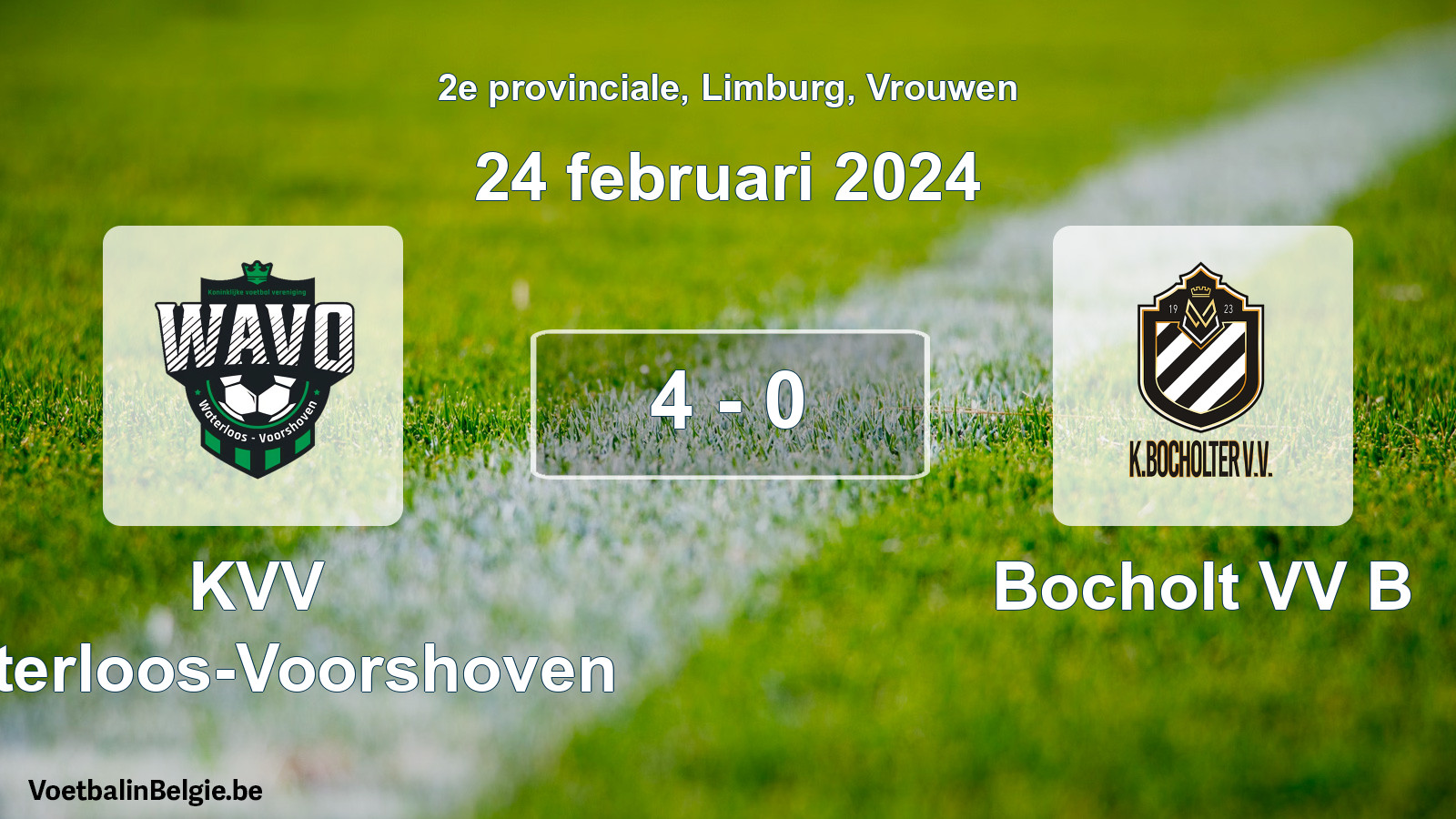 Gespeelde wedstrijd vrouwenvoetbal: KVV Waterloos-Voorshoven - Bocholt VV B 4 - 0 (24 februari 2024)