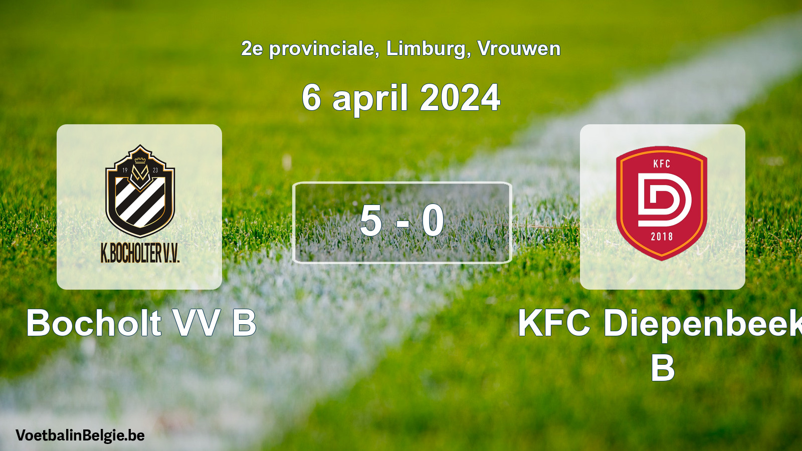 Gespeelde wedstrijd vrouwenvoetbal: Bocholt VV B - KFC Diepenbeek B 5 - 0 (6 april 2024)