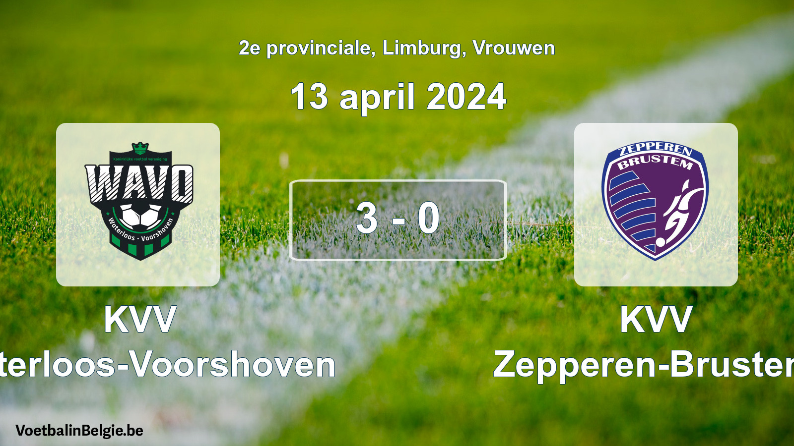 Gespeelde wedstrijd vrouwenvoetbal: KVV Waterloos-Voorshoven - KVV Zepperen-Brustem 3 - 0 (13 april 2024)