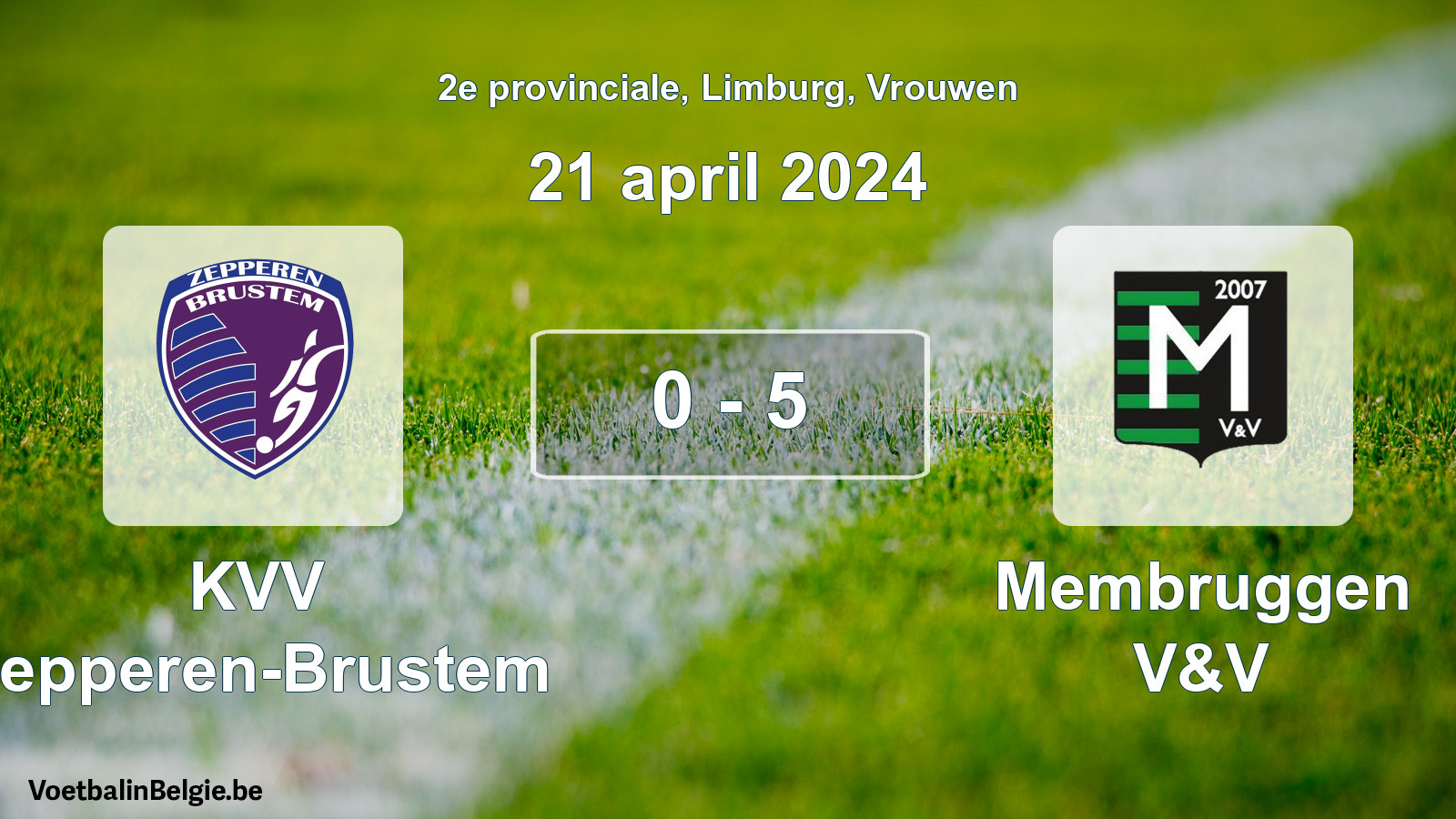 Gespeelde wedstrijd vrouwenvoetbal: KVV Zepperen-Brustem - Membruggen V&V 0 - 5 (21 april 2024)
