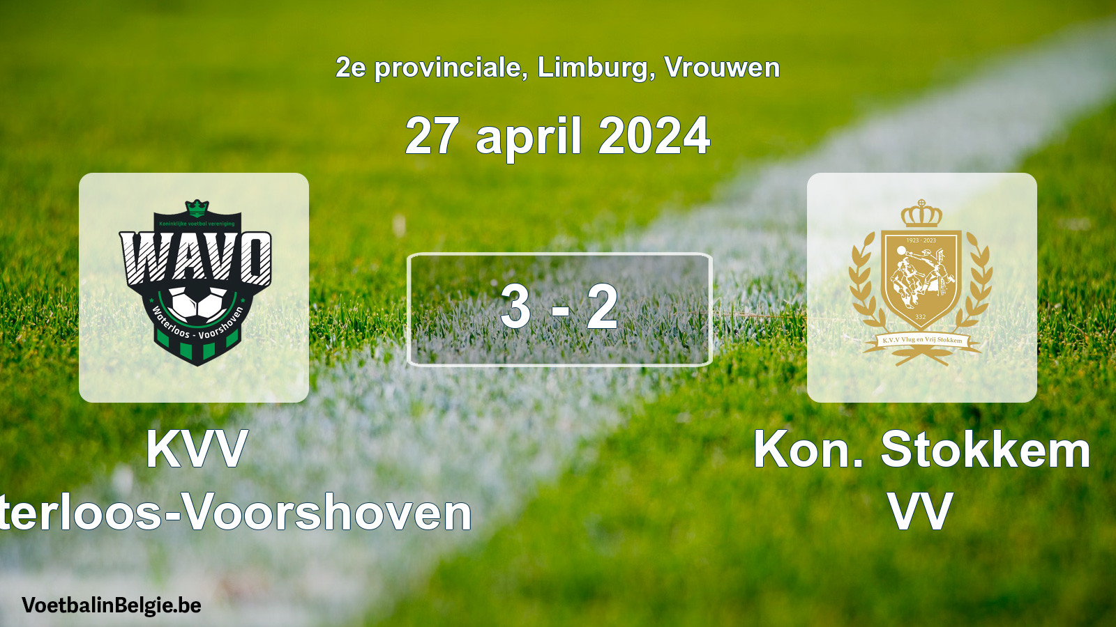 Gespeelde wedstrijd vrouwenvoetbal: KVV Waterloos-Voorshoven - Kon. Stokkem VV 3 - 2 (27 april 2024)