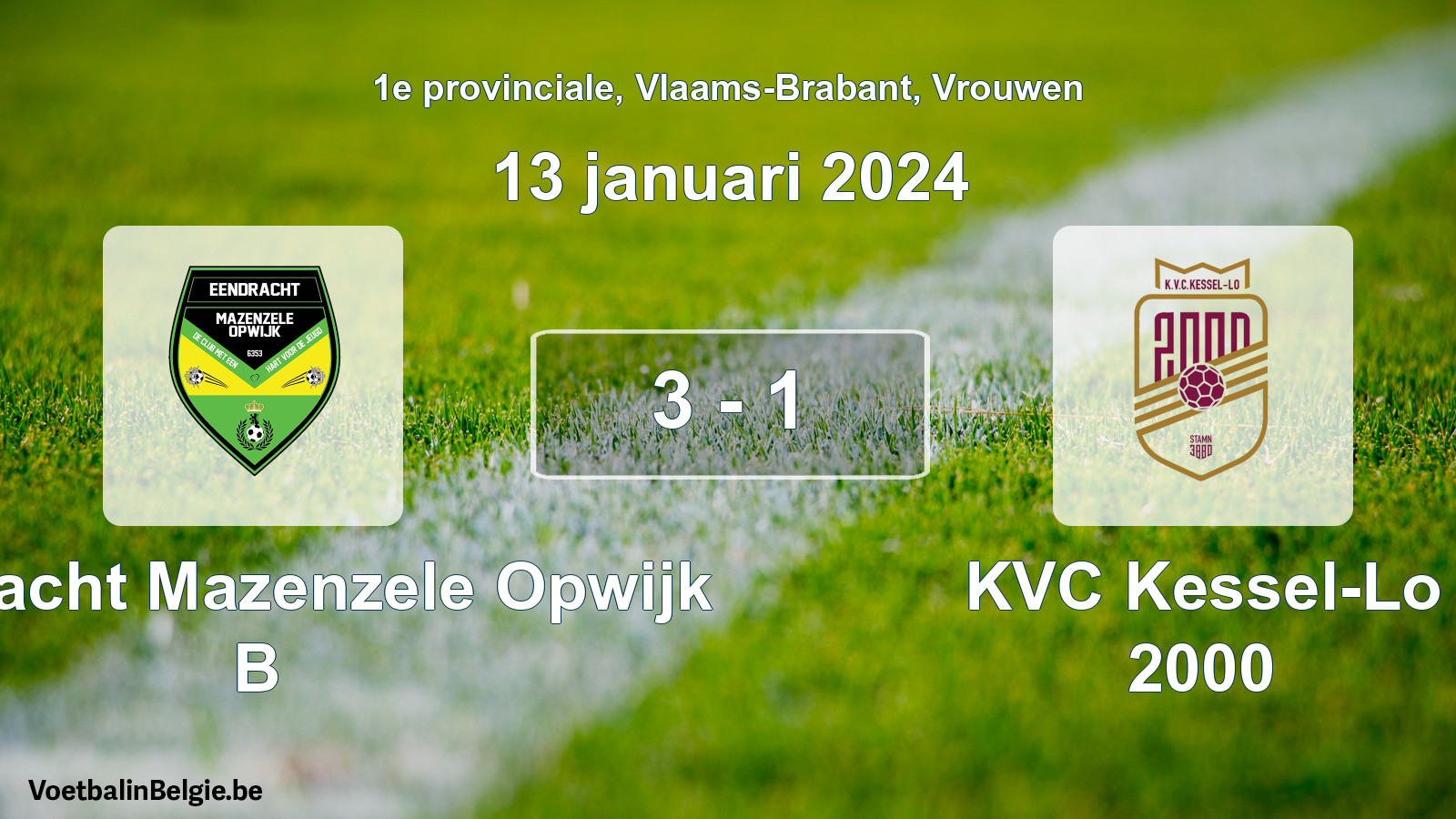 Gespeelde wedstrijd vrouwenvoetbal: Eendracht Mazenzele Opwijk B - KVC Kessel-Lo 2000 3 - 1 (13 januari 2024)