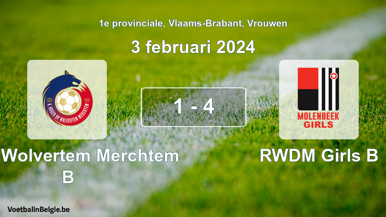 Gespeelde wedstrijd vrouwenvoetbal: KHO Wolvertem Merchtem B - RWDM Girls B 1 - 4 (3 februari 2024)
