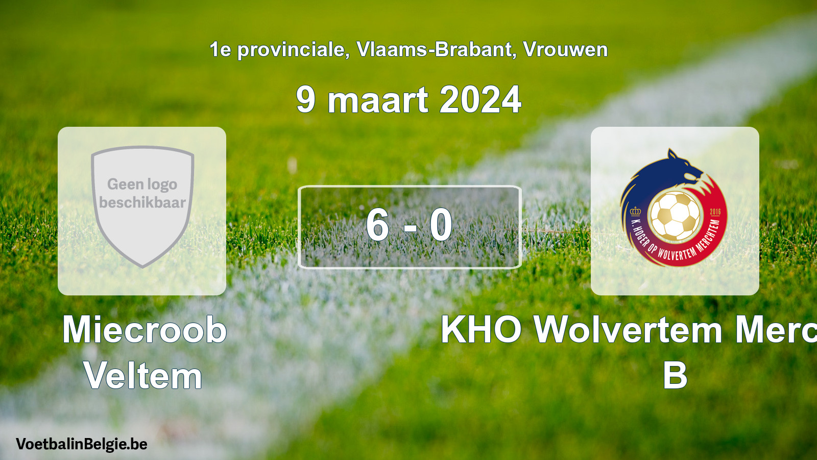 Gespeelde wedstrijd vrouwenvoetbal: Miecroob Veltem - KHO Wolvertem Merchtem B 6 - 0 (9 maart 2024)