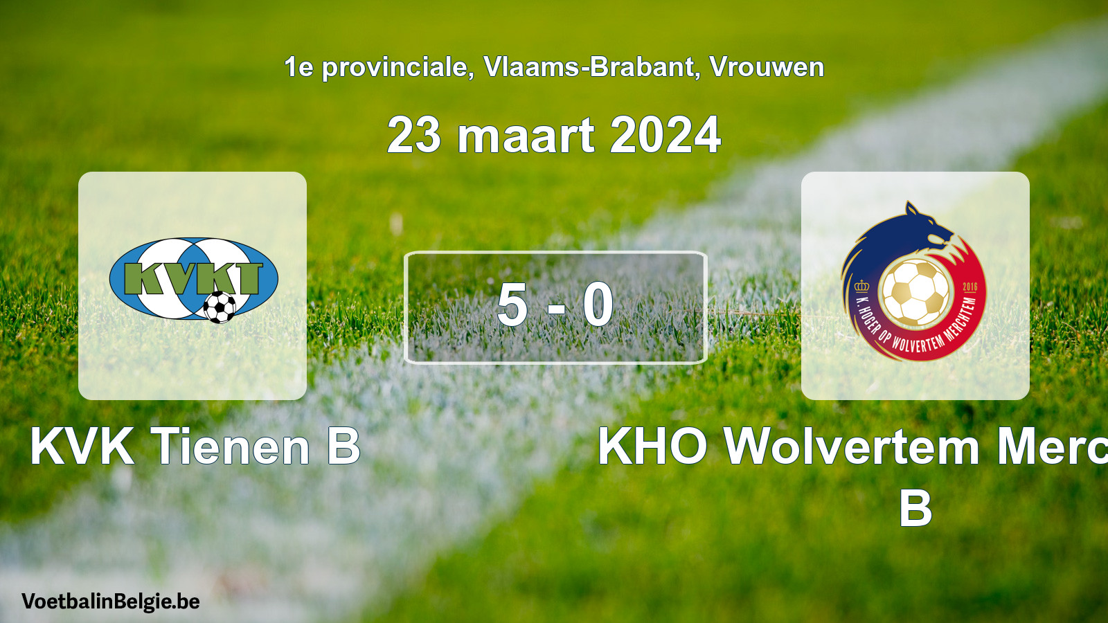Gespeelde wedstrijd vrouwenvoetbal: KVK Tienen B - KHO Wolvertem Merchtem B 5 - 0 (23 maart 2024)