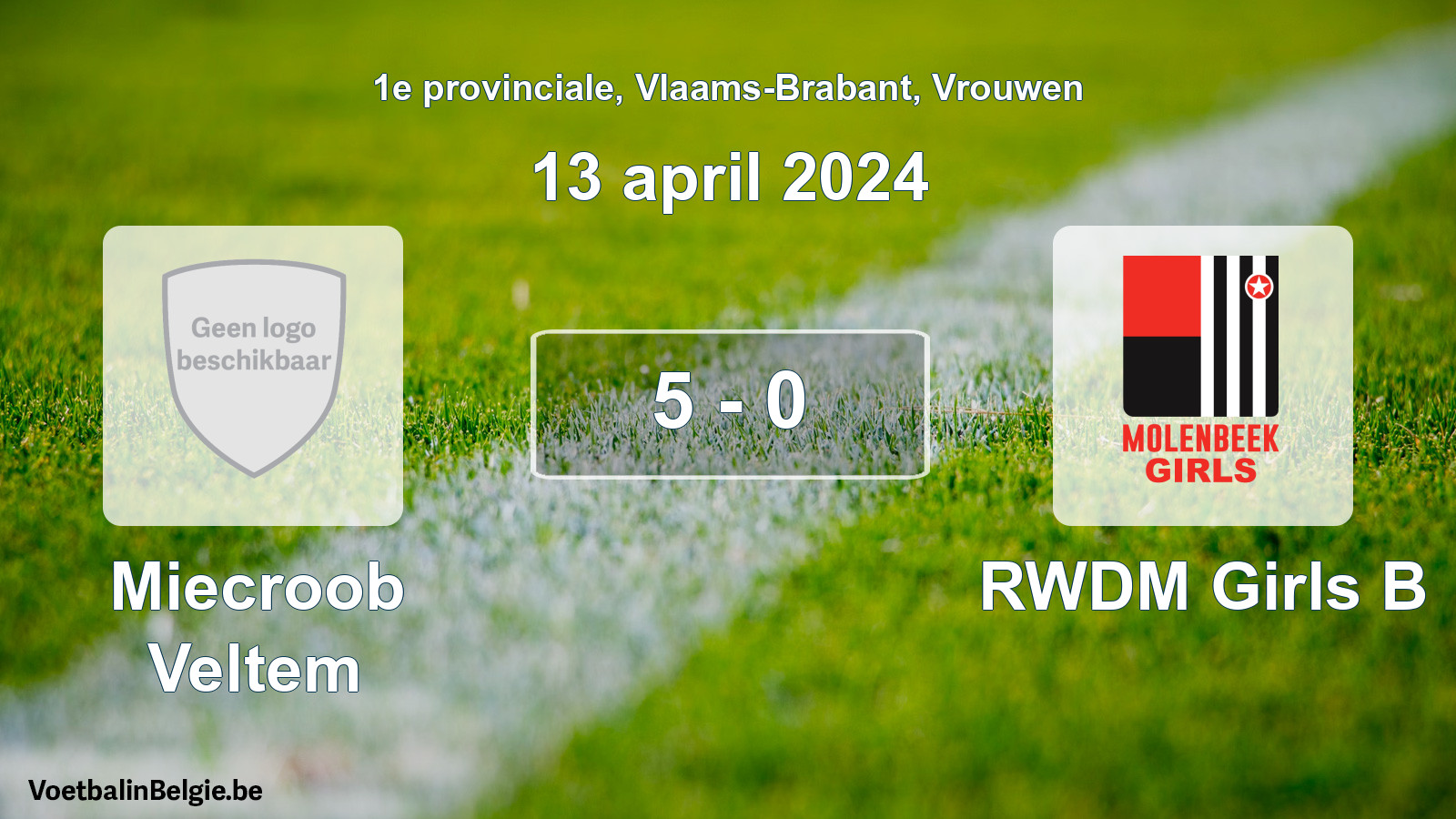 Gespeelde wedstrijd vrouwenvoetbal: Miecroob Veltem - RWDM Girls B 5 - 0 (13 april 2024)