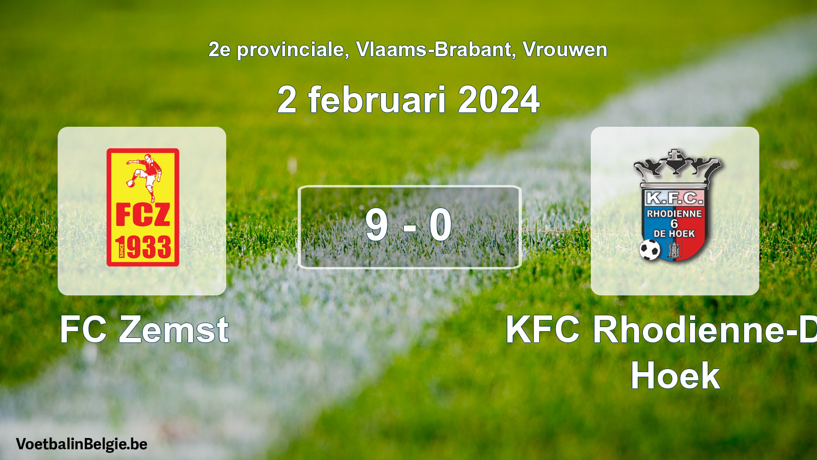 Gespeelde wedstrijd vrouwenvoetbal: FC Zemst - KFC Rhodienne-De Hoek 9 - 0 (2 februari 2024)
