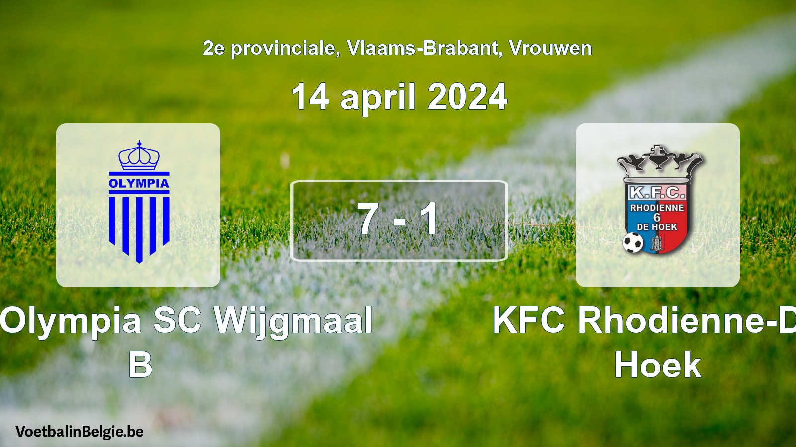 Gespeelde wedstrijd vrouwenvoetbal: Kon. Olympia SC Wijgmaal B - KFC Rhodienne-De Hoek 7 - 1 (14 april 2024)