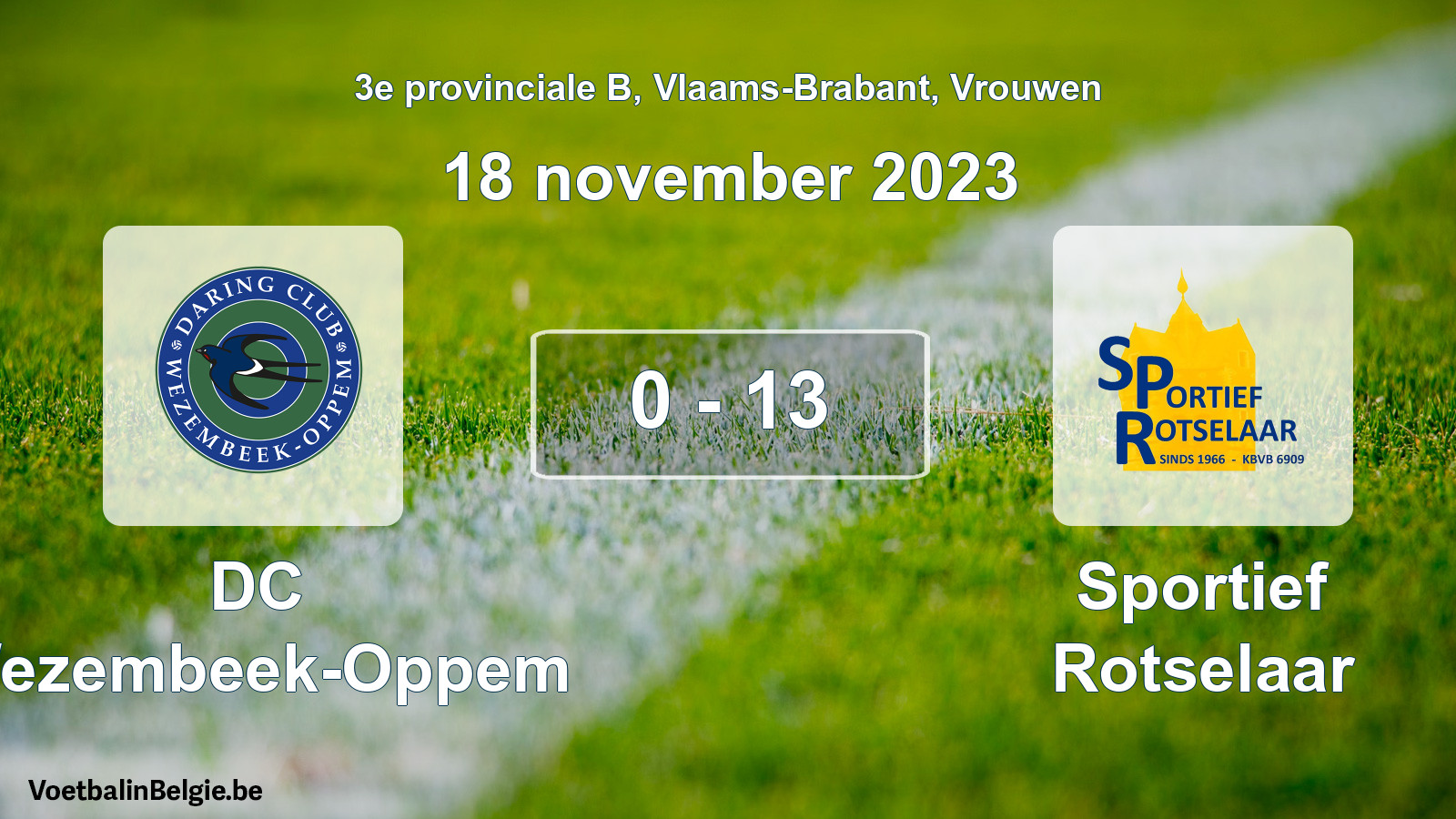 Gespeelde wedstrijd vrouwenvoetbal: DC Wezembeek-Oppem - Sportief Rotselaar 0 - 13 (18 november 2023)