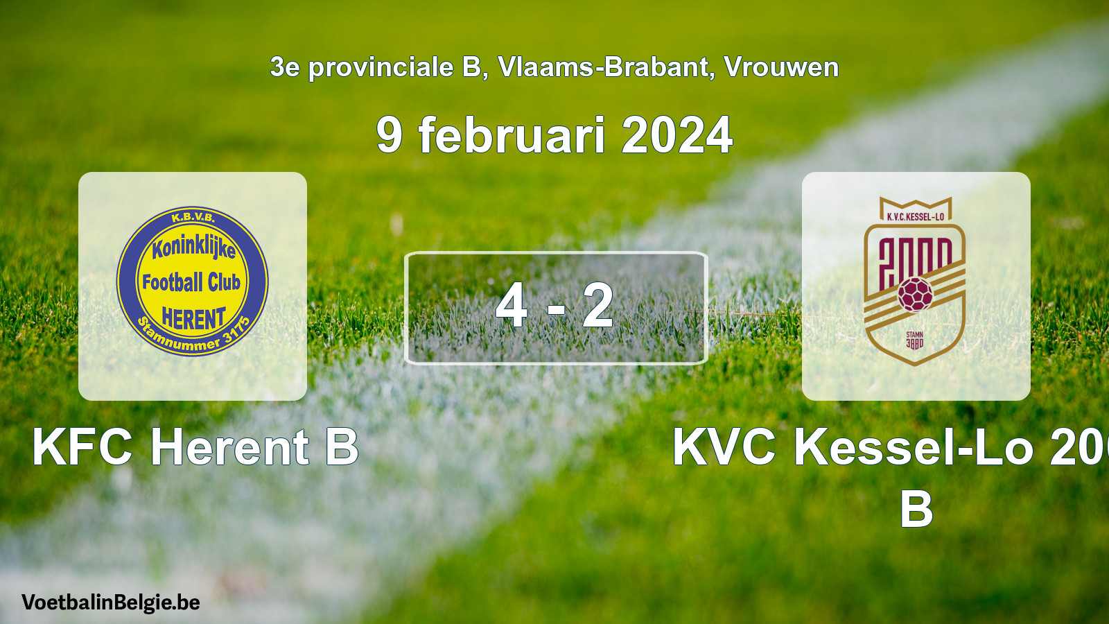 Gespeelde wedstrijd vrouwenvoetbal: KFC Herent B - KVC Kessel-Lo 2000 B 4 - 2 (9 februari 2024)