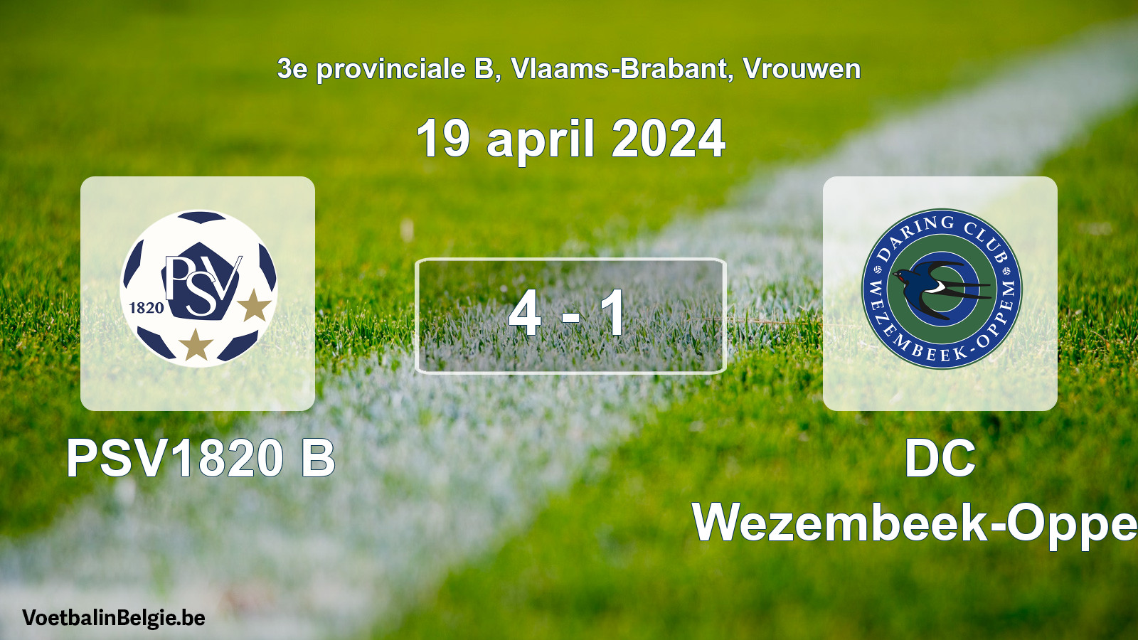 Gespeelde wedstrijd vrouwenvoetbal: PSV1820 B - DC Wezembeek-Oppem 4 - 1 (19 april 2024)