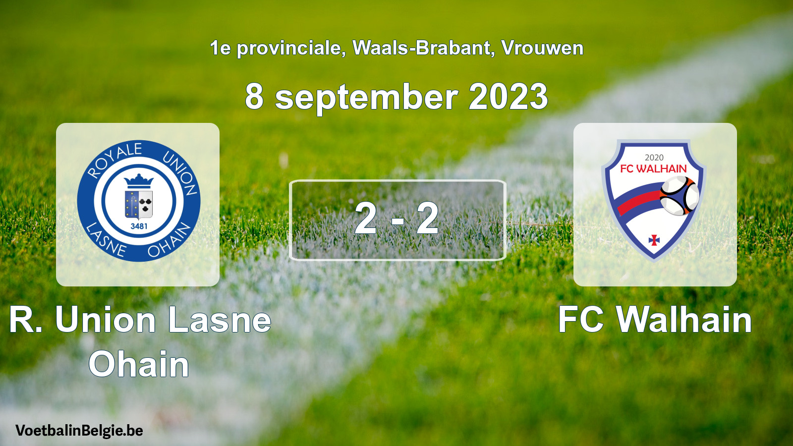 Gespeelde wedstrijd vrouwenvoetbal: R. Union Lasne Ohain - FC Walhain 2 - 2 (8 september 2023)