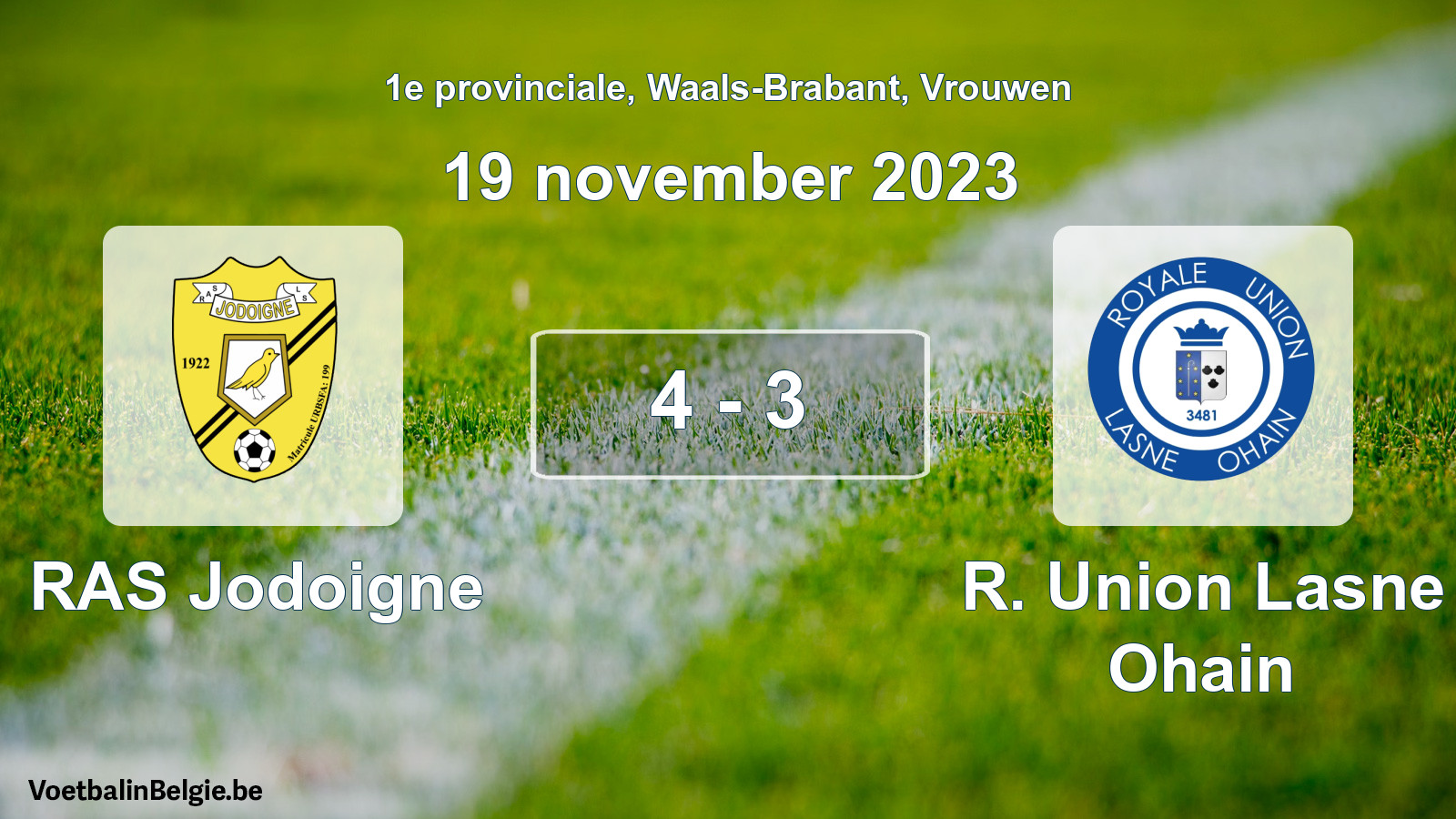 Gespeelde wedstrijd vrouwenvoetbal: RAS Jodoigne - R. Union Lasne Ohain 4 - 3 (19 november 2023)