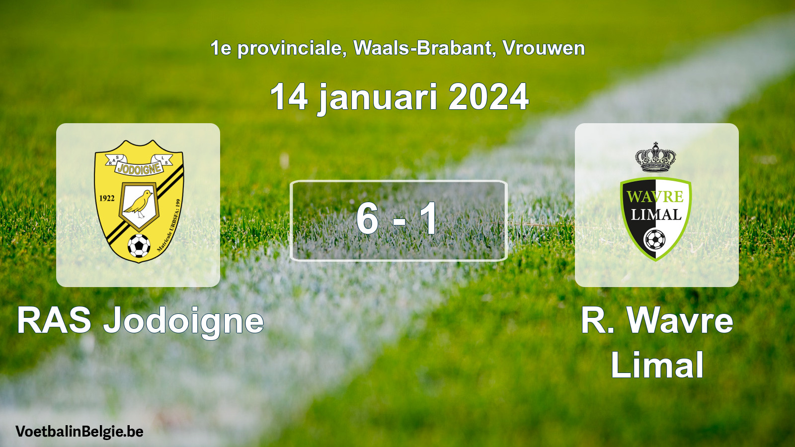 Gespeelde wedstrijd vrouwenvoetbal: RAS Jodoigne - R. Wavre Limal 6 - 1 (14 januari 2024)
