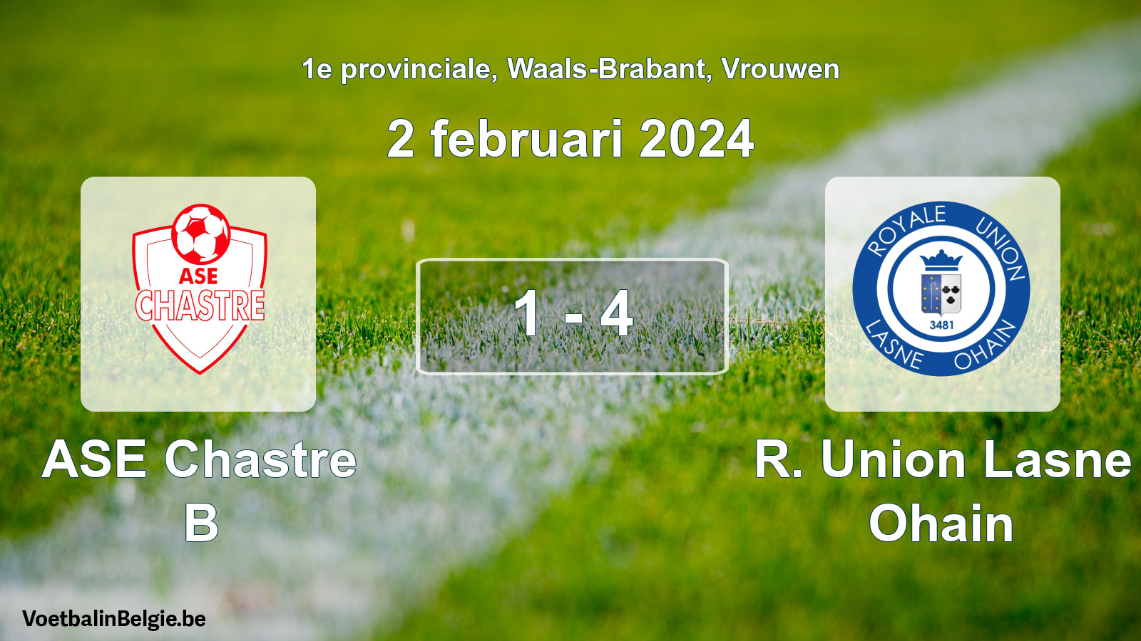 Gespeelde wedstrijd vrouwenvoetbal: ASE Chastre B - R. Union Lasne Ohain 1 - 4 (2 februari 2024)