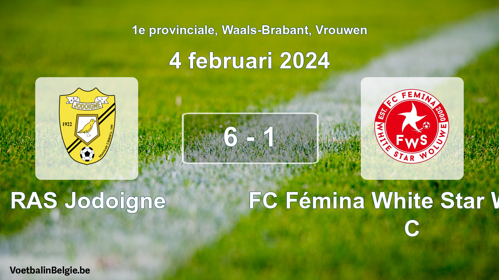 Gespeelde wedstrijd vrouwenvoetbal: RAS Jodoigne - FC Fémina White Star Woluwe C 6 - 1 (4 februari 2024)