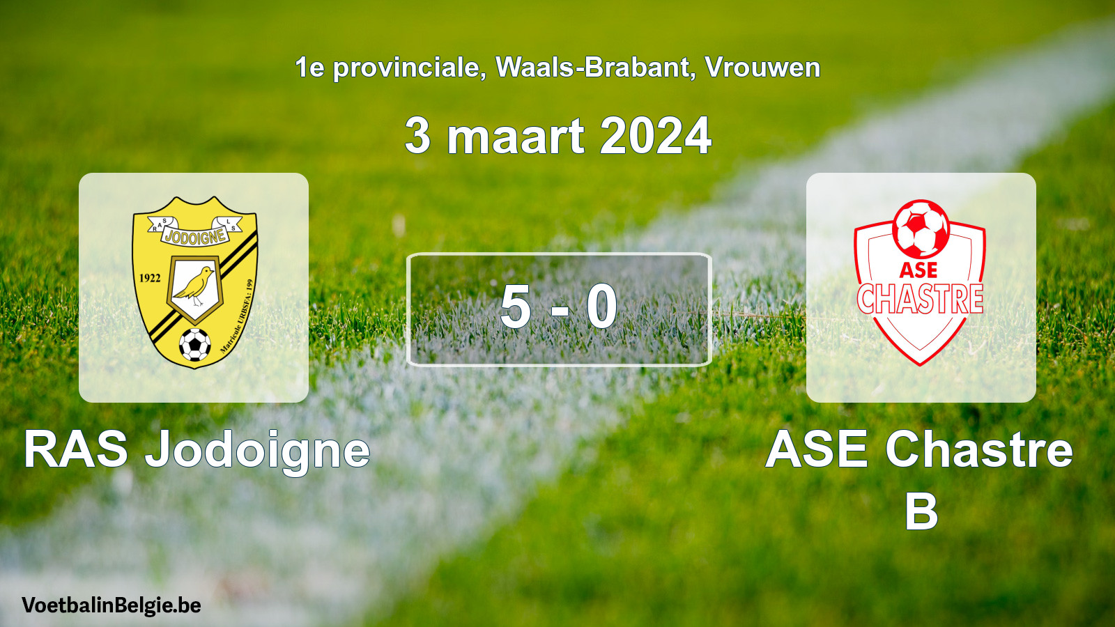 Gespeelde wedstrijd vrouwenvoetbal: RAS Jodoigne - ASE Chastre B 5 - 0 (3 maart 2024)