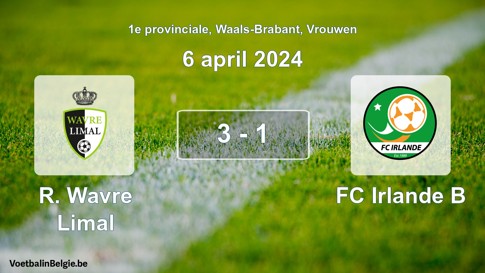 Gespeelde wedstrijd vrouwenvoetbal: R. Wavre Limal - FC Irlande B 3 - 1 (6 april 2024)