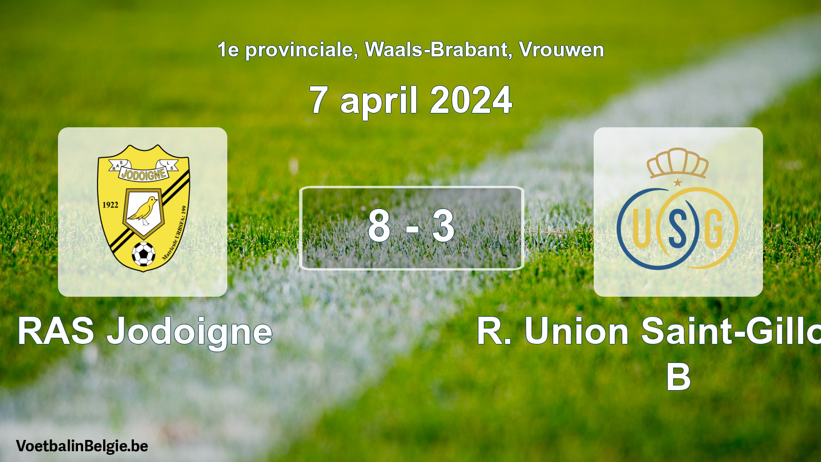 Gespeelde wedstrijd vrouwenvoetbal: RAS Jodoigne - R. Union Saint-Gilloise B 8 - 3 (7 april 2024)