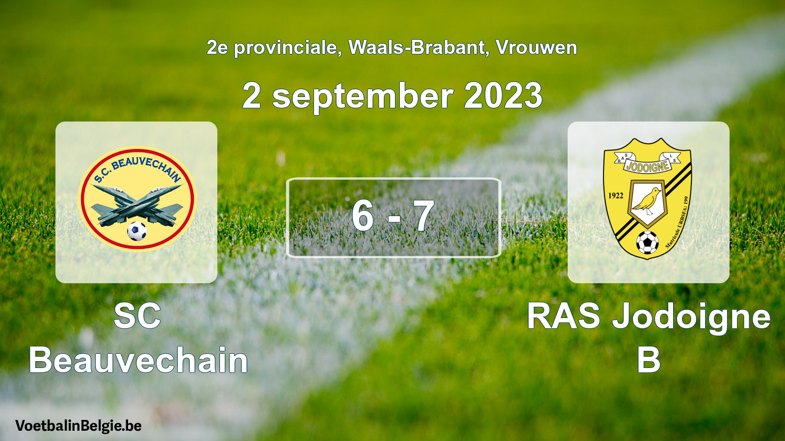 Gespeelde wedstrijd vrouwenvoetbal: SC Beauvechain - RAS Jodoigne B 6 - 7 (2 september 2023)