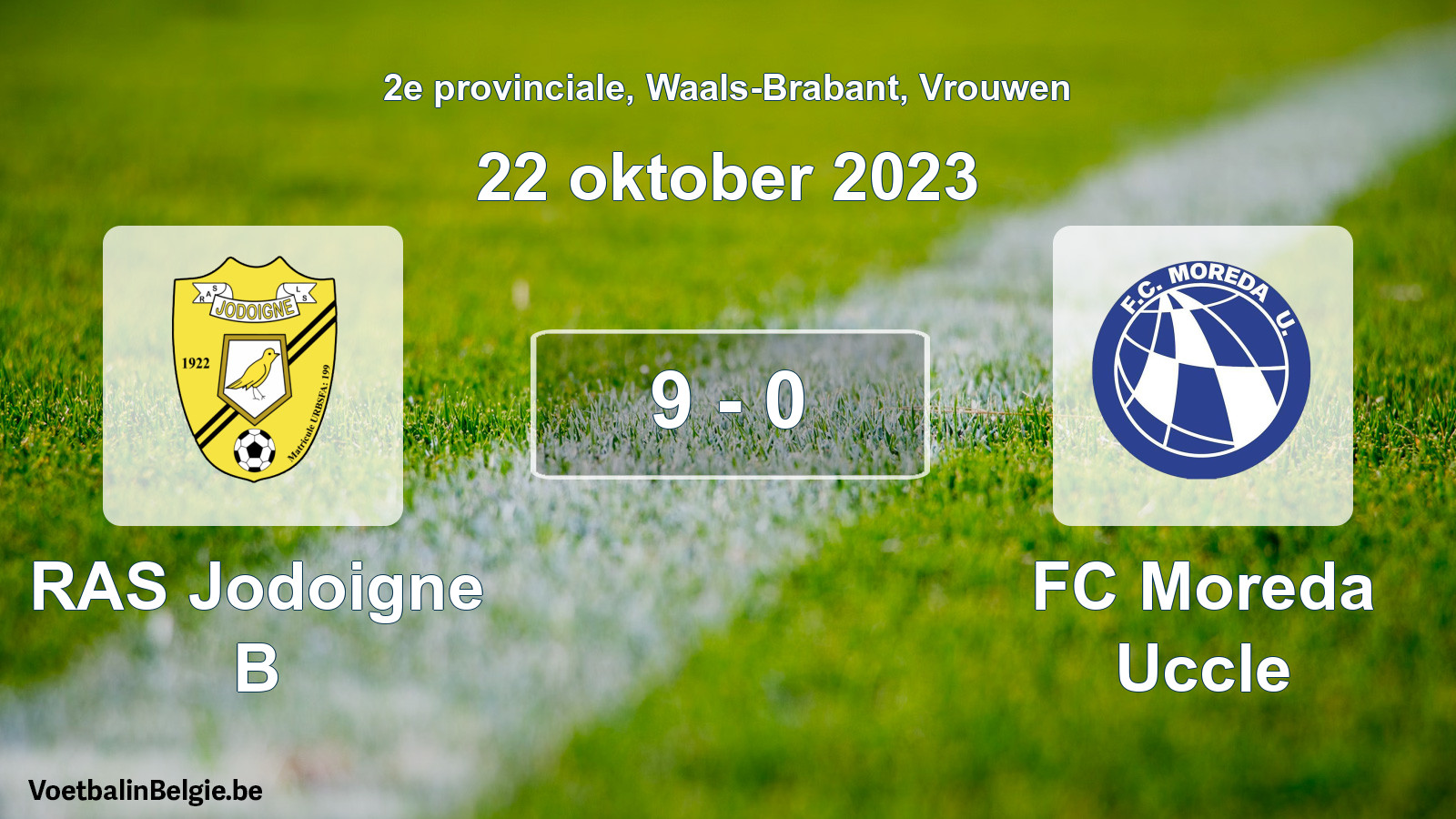 Gespeelde wedstrijd vrouwenvoetbal: RAS Jodoigne B - FC Moreda Uccle 9 - 0 (22 oktober 2023)
