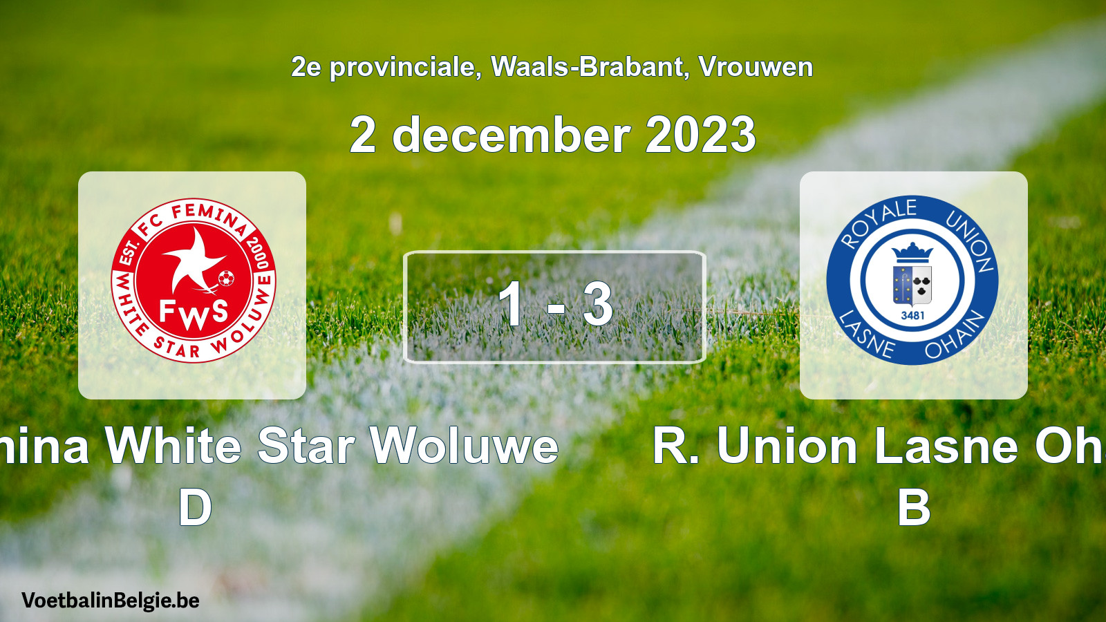 Gespeelde wedstrijd vrouwenvoetbal: FC Fémina White Star Woluwe D - R. Union Lasne Ohain B 1 - 3 (2 december 2023)
