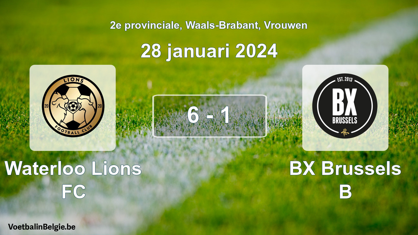 Gespeelde wedstrijd vrouwenvoetbal: Waterloo Lions FC - BX Brussels B 6 - 1 (28 januari 2024)