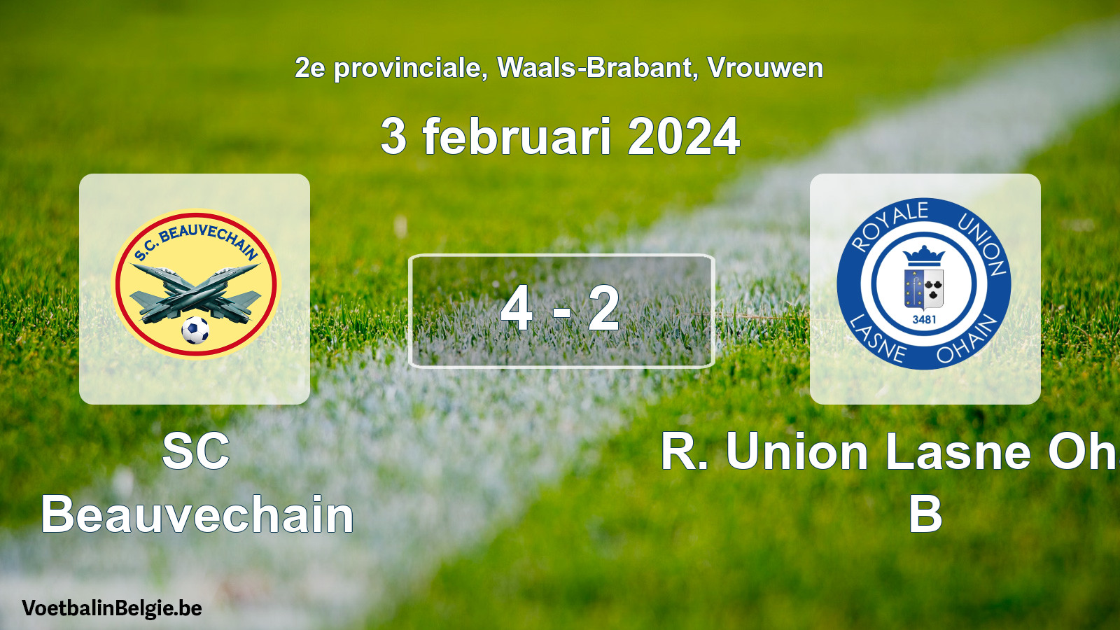 Gespeelde wedstrijd vrouwenvoetbal: SC Beauvechain - R. Union Lasne Ohain B 4 - 2 (3 februari 2024)