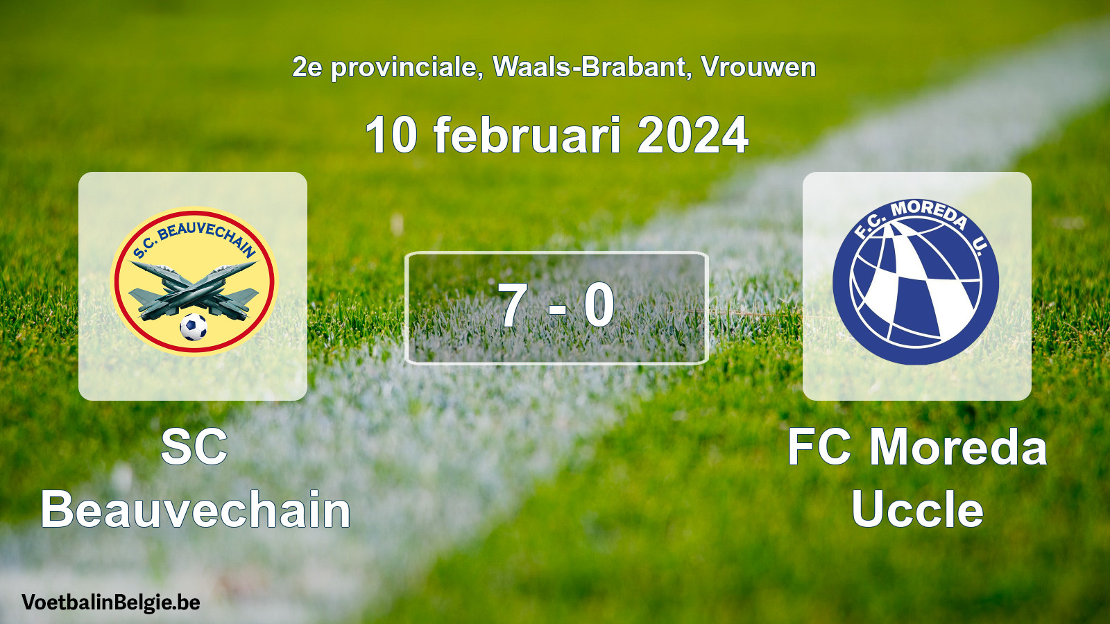 Gespeelde wedstrijd vrouwenvoetbal: SC Beauvechain - FC Moreda Uccle 7 - 0 (10 februari 2024)