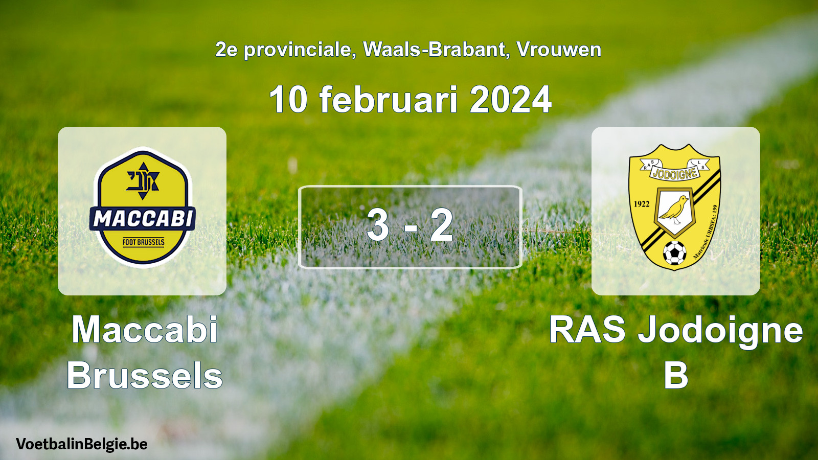 Gespeelde wedstrijd vrouwenvoetbal: Maccabi Brussels - RAS Jodoigne B 3 - 2 (10 februari 2024)