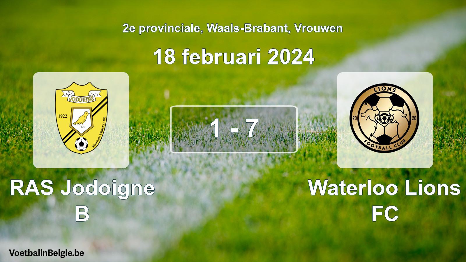 Gespeelde wedstrijd vrouwenvoetbal: RAS Jodoigne B - Waterloo Lions FC 1 - 7 (18 februari 2024)