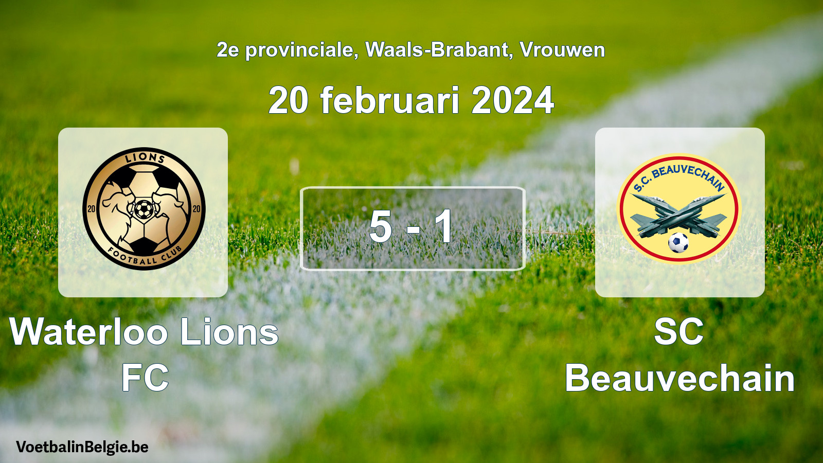 Gespeelde wedstrijd vrouwenvoetbal: Waterloo Lions FC - SC Beauvechain 5 - 1 (20 februari 2024)