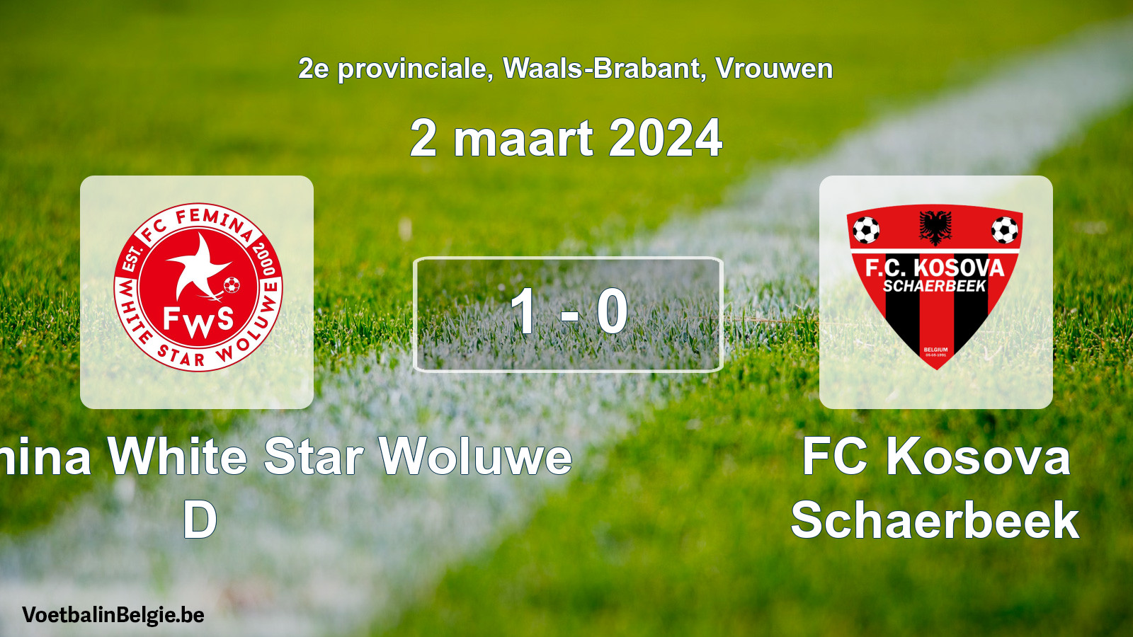 Gespeelde wedstrijd vrouwenvoetbal: FC Fémina White Star Woluwe D - FC Kosova Schaerbeek 1 - 0 (2 maart 2024)