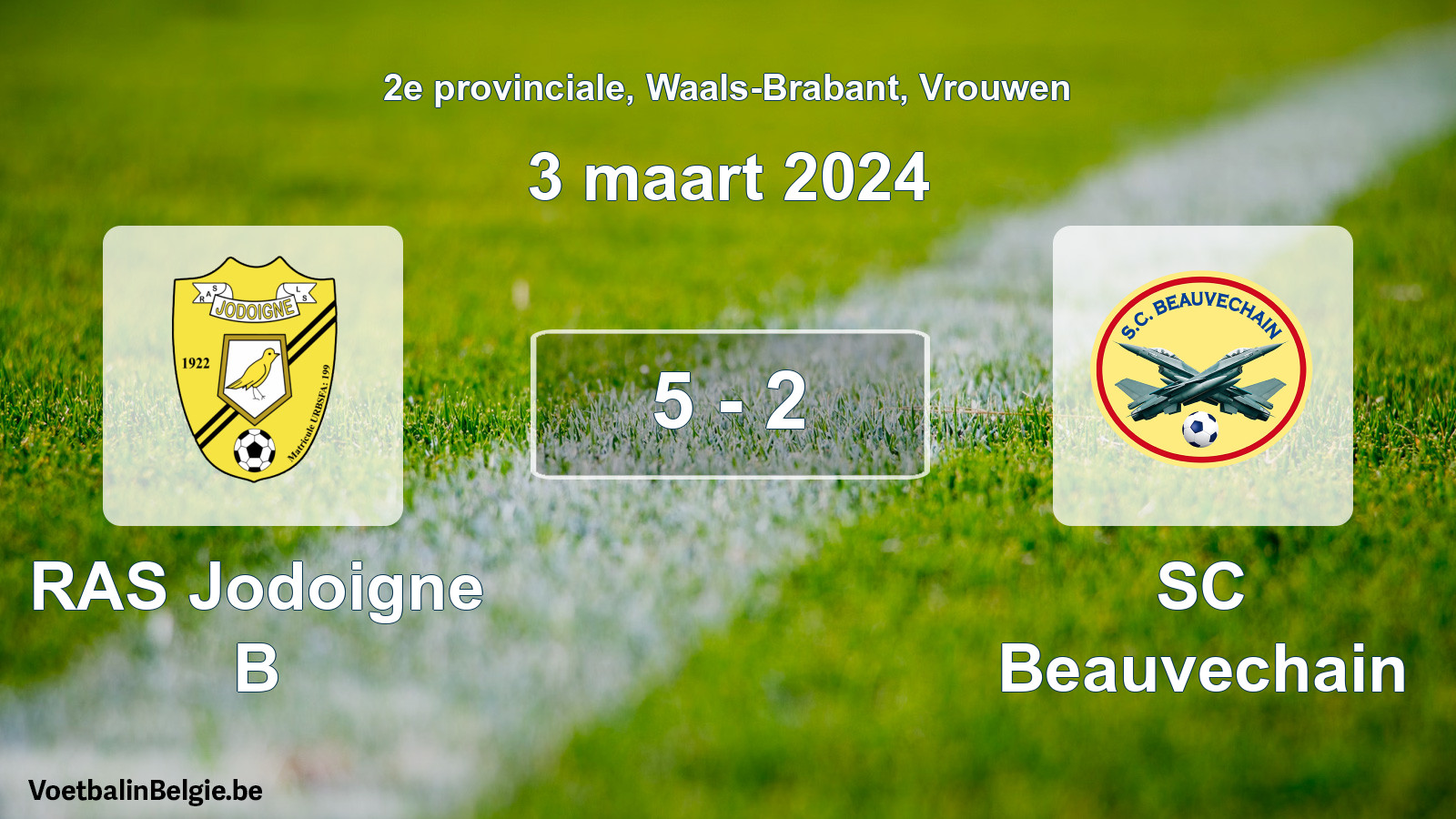 Gespeelde wedstrijd vrouwenvoetbal: RAS Jodoigne B - SC Beauvechain 5 - 2 (3 maart 2024)