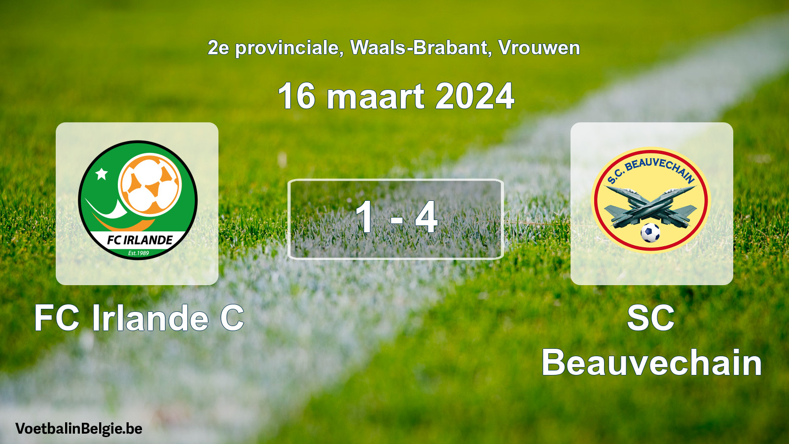 Gespeelde wedstrijd vrouwenvoetbal: FC Irlande C - SC Beauvechain 1 - 4 (16 maart 2024)