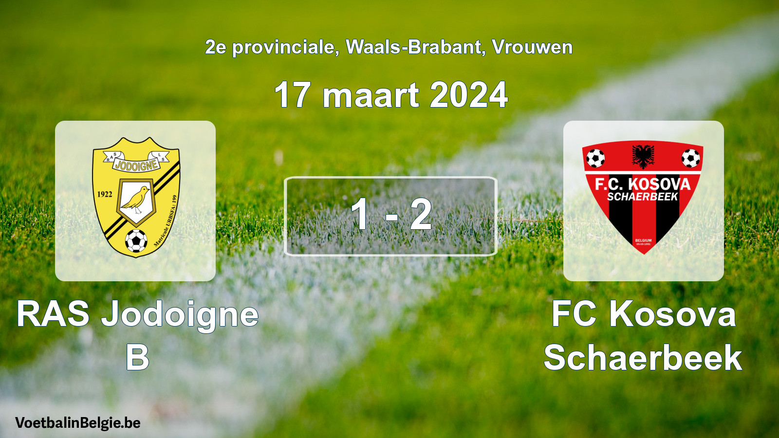 Gespeelde wedstrijd vrouwenvoetbal: RAS Jodoigne B - FC Kosova Schaerbeek 1 - 2 (17 maart 2024)
