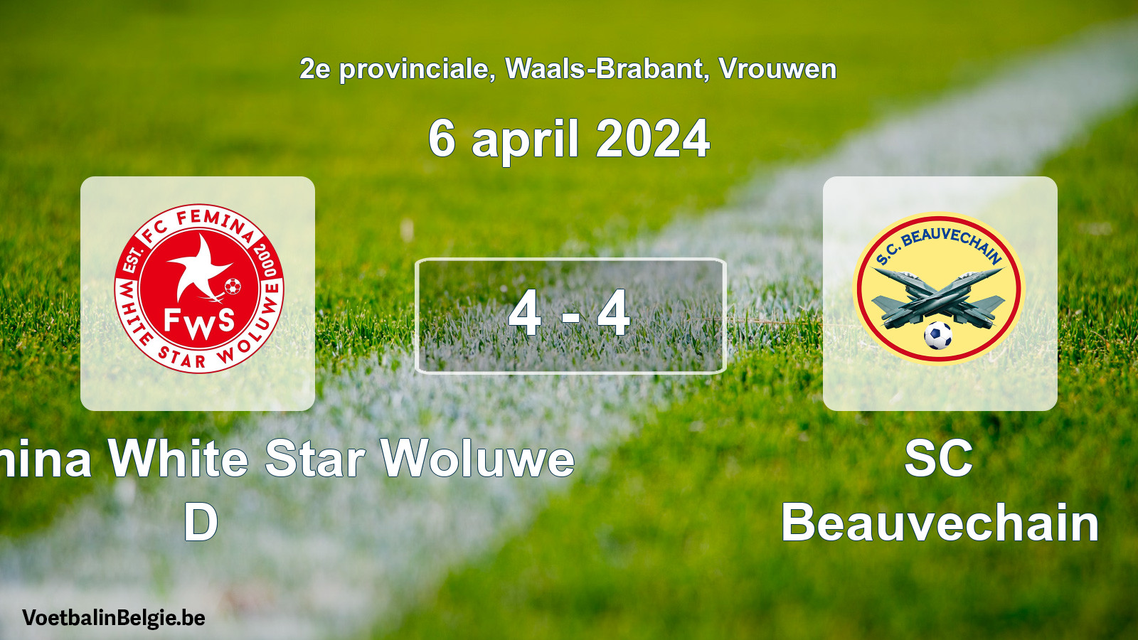 Gespeelde wedstrijd vrouwenvoetbal: FC Fémina White Star Woluwe D - SC Beauvechain 4 - 4 (6 april 2024)