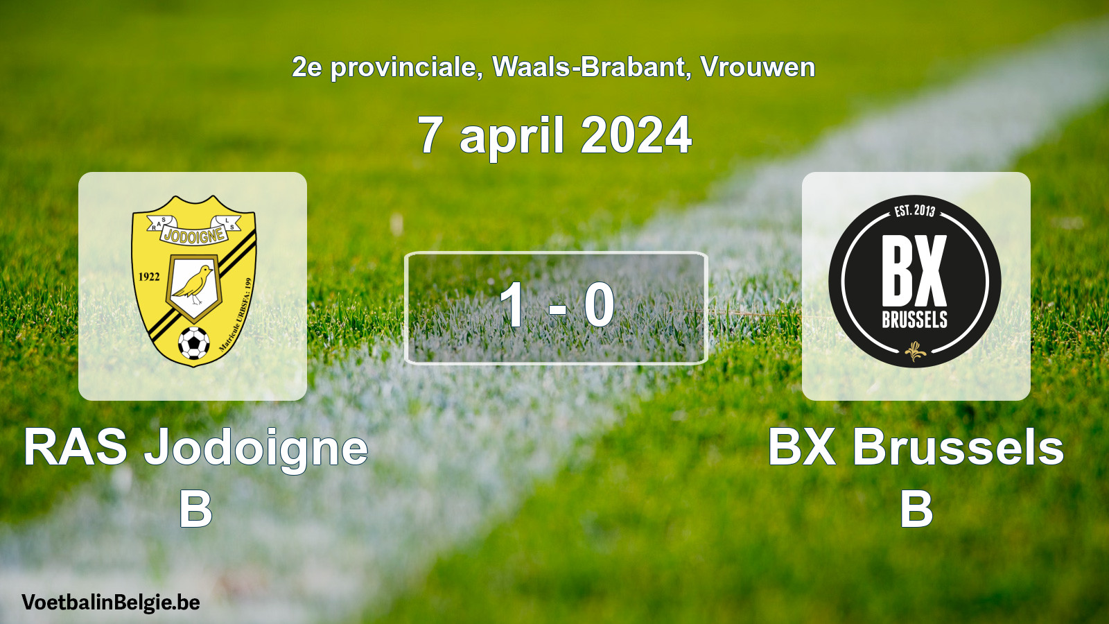 Gespeelde wedstrijd vrouwenvoetbal: RAS Jodoigne B - BX Brussels B 1 - 0 (7 april 2024)