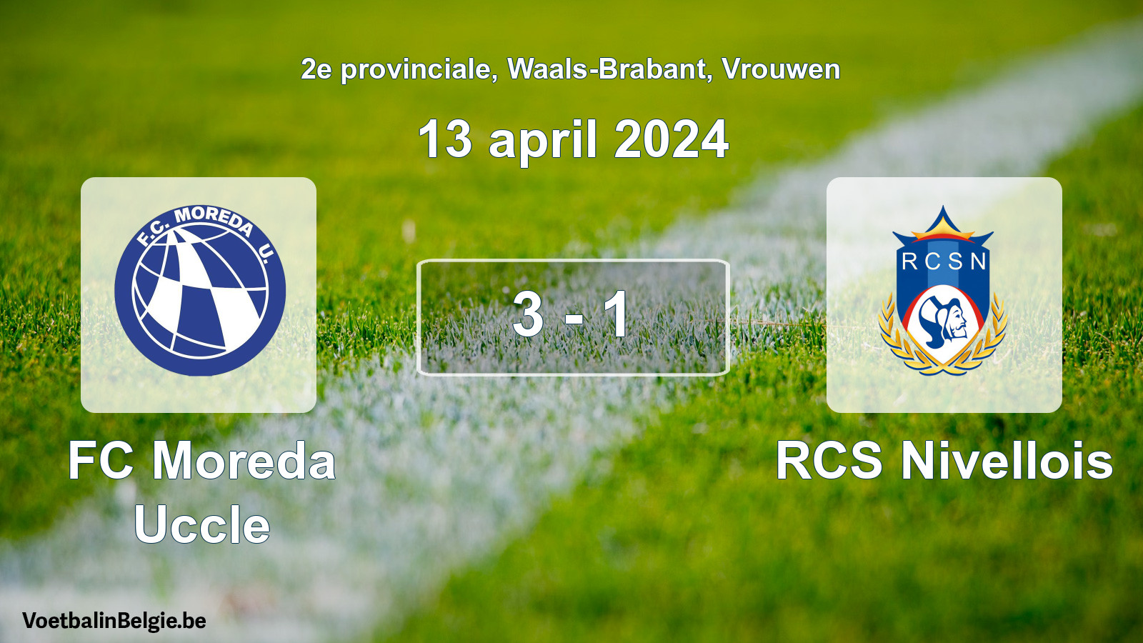 Gespeelde wedstrijd vrouwenvoetbal: FC Moreda Uccle - RCS Nivellois 3 - 1 (13 april 2024)